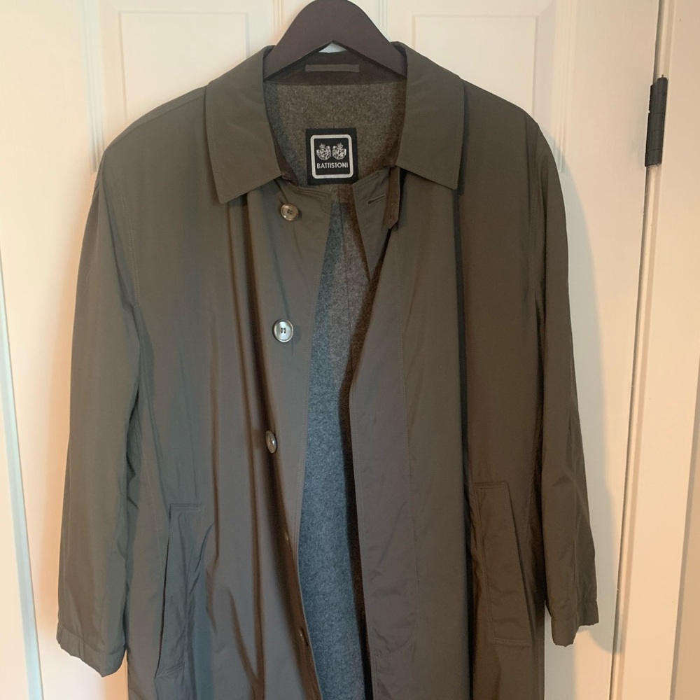 Battistoni army green cashmere-lined trench coat, made in Italy